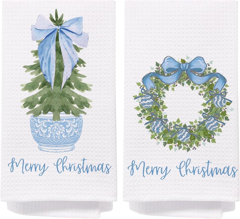SPBL&L Chinoiserie Christmas Kitchen Towels,Light Blue Bow Coquette Christmas Tree Dish Towels for Kitchen Bathroom, Blue Christmas Hand Towels for Kitchen, Grandmillennial Decor,16x24 Inches Set of 2 - Image 1